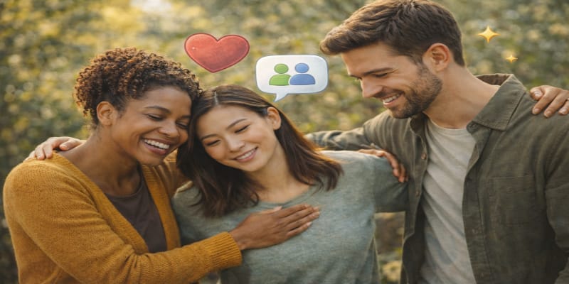 Een diverse groepje mensen die samen verbondenheid en community uitstraalt